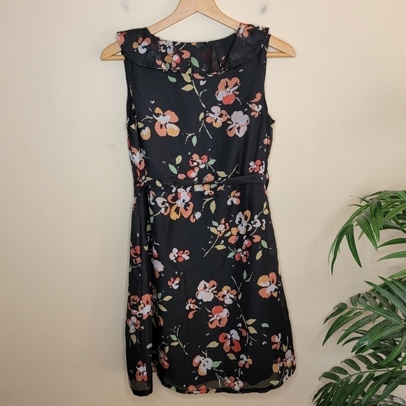 Merona | Black Orange Yellow Cream Floral Ruffle Neckline Dress Size 6 - Picture 4 of 7